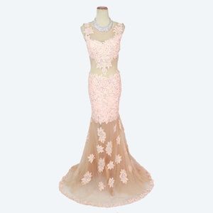 NEW Jovani  Blush Floral See-Through Open Back